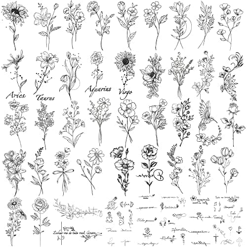 Image of Waterproof Temporary Tattoo - 90 Sheets Realistic Fake Tattoos, 52 sheets Inspirational Words Tattoo stickers, 38sheets Wild Flower Floral Rose Sunflower Bouquet Body Stickers for Adult Women Men Kids
