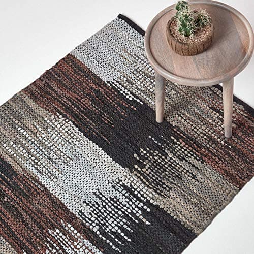 Image of HOMESCAPES Black, Grey & Brown Genuine Leather Rug Handwoven Cutshuttle Design Eco Friendly Real Leather Rug, 120 x 180 cm
