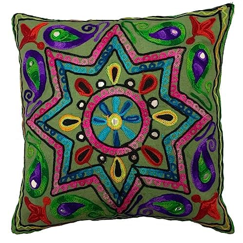 Image of Original Kikan Boho Indian Star Suzani cushion cover 40 x 40 cms, Suzani Multi Colour Embroidery - 16"x16" Ethnic Cushion Covers Vegan Eco FreindlY (GREEN)