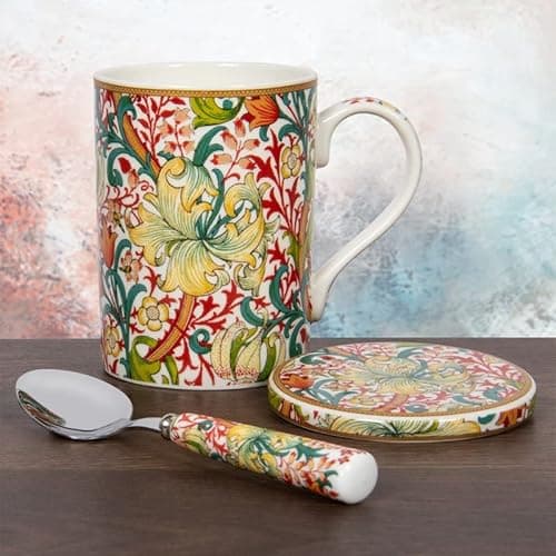 Image of lesser and pavey LP95102 Mug, Coaster, and Spoon Set | Golden Lily design | Set of 3 Tableware, Multicolor