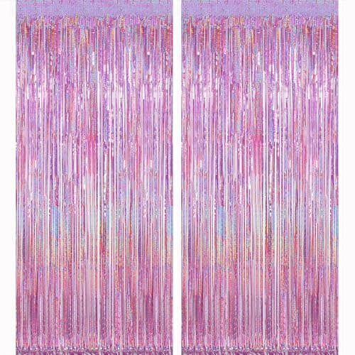Image of Lericttor 2Pcs 3.3ft x 8.2ft Foil Curtain Decoration, Pink Glitter Metallic Tinsel Foil Fringe Curtains Backdrop Streamers for Unicorn, Mermaid, Wedding, Engagement, Birthday Party Decorations