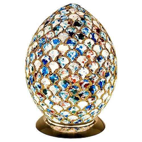 Image of Britalia Blue Tile Mosaic Glass Vintage Egg Table Lamp 30cm | Chrome Base | 1 x ES E27 Bulb Required (Not Included) | Study - Bedroom - Lounge | Desk Light