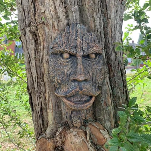 Image of Green Man Face Tree Mount Plaque 40x21cm, Hanging Wall Fantasy Tree Ent Trunk Wall Sculpture Wood Spirit Indoor Outdoor Yard Fence Decorative Sculpture Art Garden ornament Decor (40cmGreenMan)
