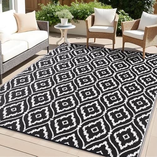 Image of Homaxy Waterproof Outdoor Rug 180 x 270 cm, UV Resistant Reversible Plastic Straw Garden Rug, Portable Easy Cleaning Carpet for Patio, Camping, Balcony, Picnic, Black & White