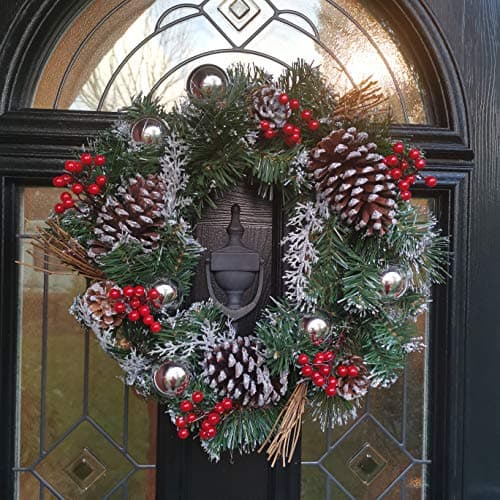 Image of The Tree Company 40cm Festive Silver Dressed Christmas Wreath With Pinecones and Red Berries