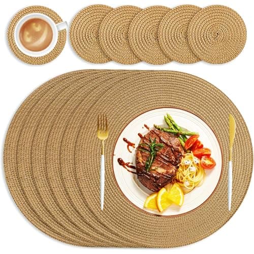 Image of wiipara Round Woven Placemats Set of 6 Heat Resistant Round Braided Table Mats, 34 cm Washable Table Placemats and Coaster Sets for Dining Kitchen, Party, Wedding (Golden Brown)