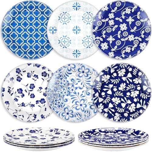 Image of Sunnychicc 12 Pcs Round Platter 8 Inch Blue and White Plates Thickened Plastic Serving Platter for Salad Dessert Sushi Appetizer, Microwave and Dishwasher Safe Vintage Dishes
