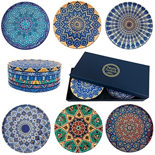 Image of Totally Turkish – Patterned Drink Coasters Set of 6 – Giftable Design Drinks Mat Set – Non-Scratch Top & Non-Slip Cork Base (Mediterranean)