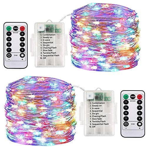 Image of ooklee Fairy Lights Battery Operated, [2 Pack] 10M 100 LED Outdoor Waterproof String Lights, 8 Modes Remote Timmer Rainbow Twinkle Copper Wire Lighting for Home Gazebo Christmas Decor(Multi Colour)