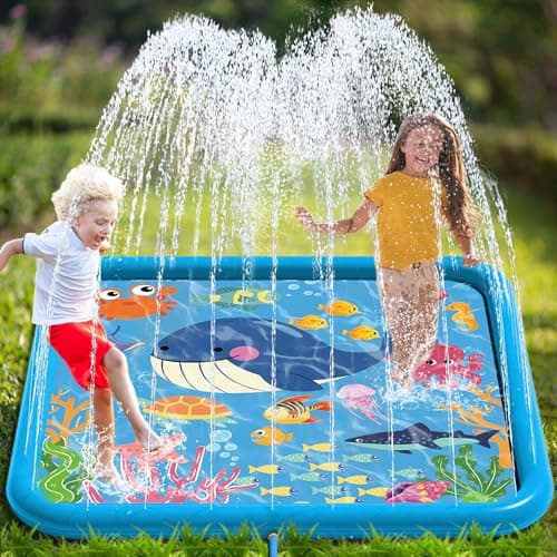 Image of Edmirfun 170cm Large Square Shark Sprinkle and Splash Water Play Mat, Thickened Splash Play Mat Non-Slip Water Sprinkler Pad Inflatable Water Toys, Gift for Kids Dogs, Summer Garden Outdoor Play-Blue