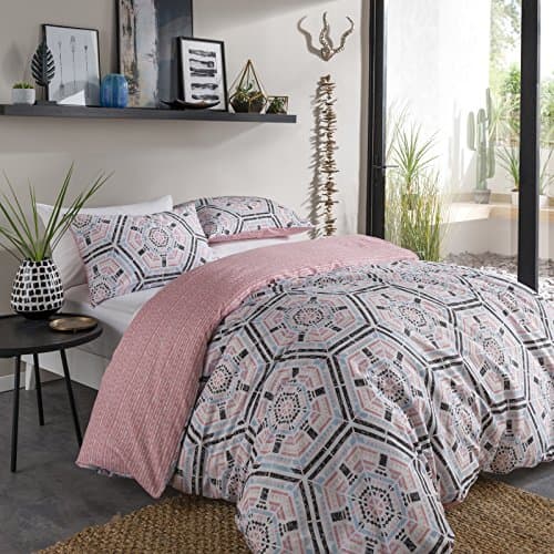 Image of Duvet Cover Set King Size with Pillowcases Quilt Reversible Poly Cotton, Aztec Geo Blush