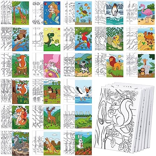 Image of Thenshop 48 Pcs Pre Drawn Canvas for Painting 5 x 7 Inch Painting Canvas Panels for Kids Pre Printed Canvas to Paint for Home School Kids Adults Beginners Student Party Gifts
