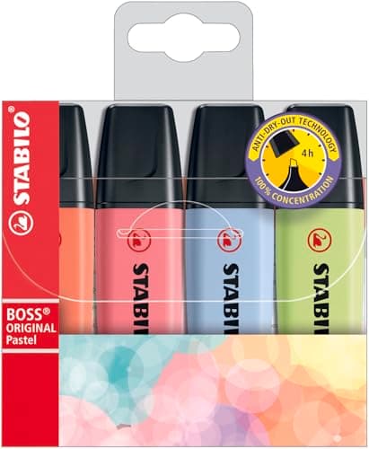 Image of STABILO BOSS ORIGINAL Pastel - Highlighter - Pack of 4 - Mellow Coral Red, Cherry Blossom Pink, Cloudy Blue, Dash of Lime