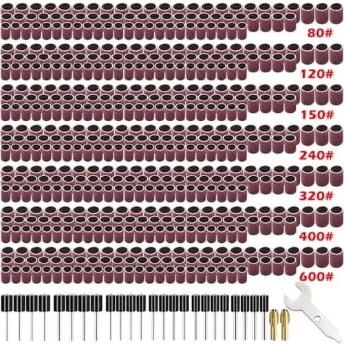 Image of mxuteuk 552Pcs Sanding Drum Set, 525 Pcs 80 120 150 240 320 400 600 Grit Drum Sander Sleeves and 24 Pcs Drum Mandrels,2 Pcs Self-Tightening Drill Chuck and Combination Wrench for Dremel Rotary Tool