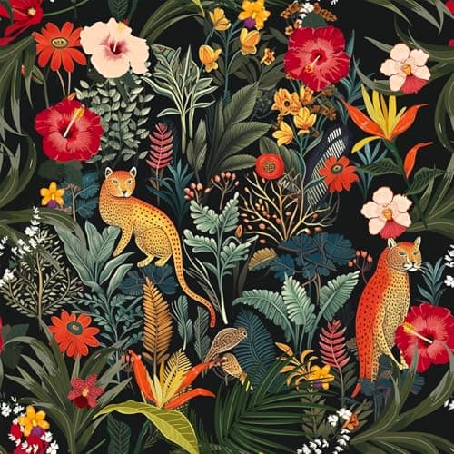 Image of VEELIKE Dark Tropical Wallpaper Black Jungle Wallpaper Peel and Stick Leopard Forest Wall Paper for Bedroom Bathroom Removable 44.5cmx300cm Botanical Wall Art Deco Patterned Floral Wall Mural