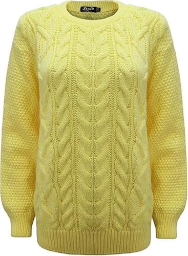 Image of Pretty Attitude New Women Ladies Crew Neck Knitted Cable Long Sleeve Warm Chunky Sweater Formal Everyday Casual Knitwear Jumper Tops Pullover (UK, Alpha, S, M, Regular, Regular, Yellow)