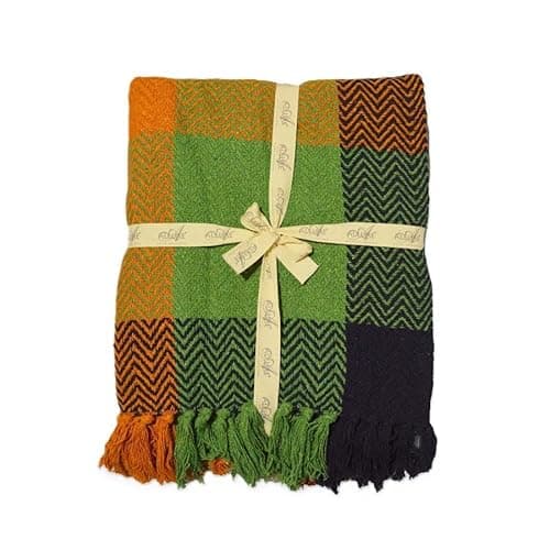 Image of Allure Bath Fashions Check Herringbone Multicoloured Throw Blanket 100% Cotton - Hand-Woven in Green, Blue, Orange, Red & Naturals for Bedroom, Living Room, Garden (125 x 150cm)