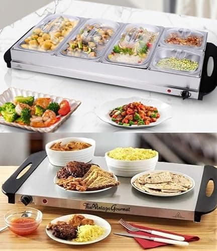 Image of Vintage Gourmet® 5 Tray Food Warmer, All in One Buffet Server with Warming Plate Function,Turkey & Vegetables, Keeps Food Warm,Variable Temperature Control, Cool-Touch Handles 9.6 Litre 450W 85cm Wide