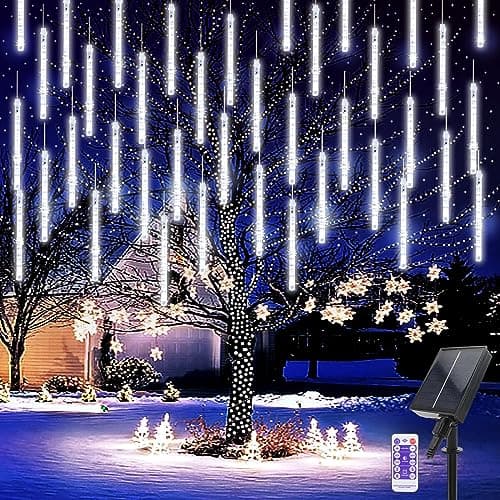 Image of Micacorn Solar Meteor Shower Lights, 10 Tube 8 Modes 240 LED Christmas Lights with Remote Cascading Falling Rain Waterproof String for Party Wedding Tree Decorations, White