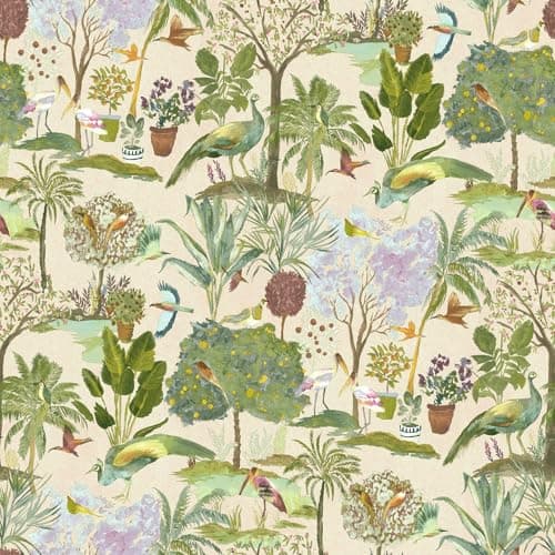 Image of World of Wallpaper Paradise Garden Hand-Painted Tropical, Birds and Exotic Woodland Style Wallpaper for Feature Walls, Bedrooms, Living Rooms Natural (WOW178)
