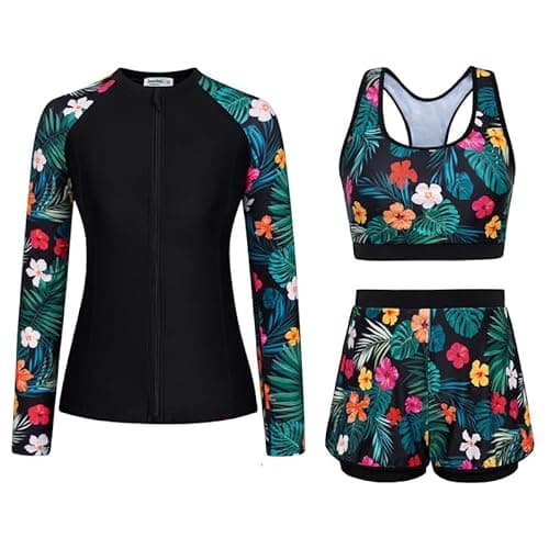 Image of JASAMBAC Rash Guard Sets Womens, Tummy Control Swimwear Swimming Costume Women, Rash Guard Swimsuit UPF 50+ Bikini Top & High Waist Boyshorts Zipper Modest Swimwear Bathing Suit Soft Surf Suit