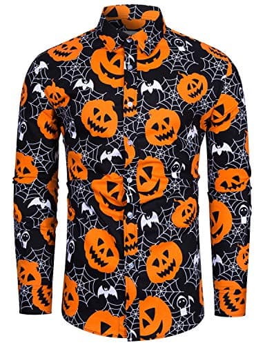 Image of fohemr Mens Halloween Shirts Ugly Pumpkin Bat Print Long Sleeve Button Down Casual Jack-O-Lantern Costume Dress Shirt Ghost Theme Party Black Large