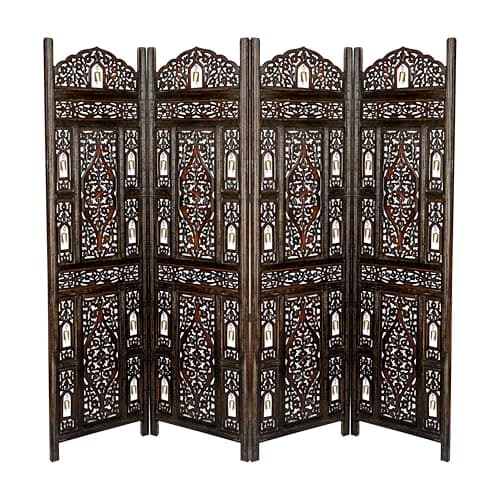 Image of Topfurnishing 4 Panel Room Divider Free Standing Mango Wood Hand Carved Folding Screen Partition Privacy Screen Decorative Headboard (Bells Design, Walnut, 200 x 180 cm)