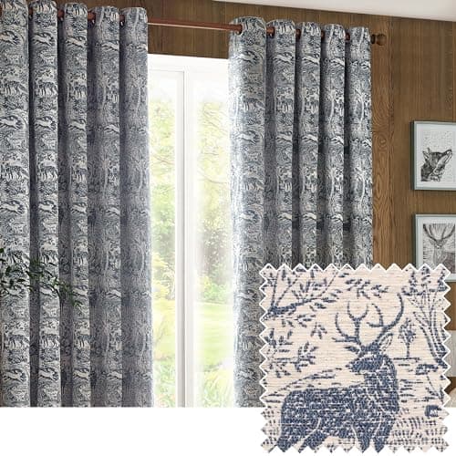 Image of furn. Winter Woods Chenille Room Darkening Eyelet Curtains – Woodland Animals Pattern (Midnight - Width x Drop: 229 x 183cm / 90 x 72, 2 Panels)