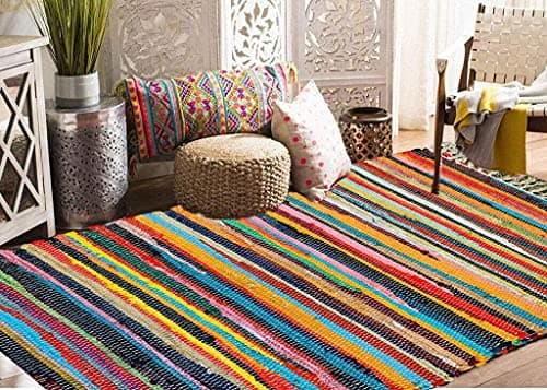 Image of Milosc Handmade - 100% Cotton Recycle Chindi Rag Rug Multi Colour Area Rug Kitchen Hall Area Runner Rug Mat