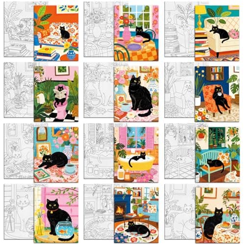 Image of MAYJOYDIY 12 Pcs Cat Flower Pre Drawn Canvas to Painting Bathtub Garden Bench Pre Printed Canvas for Adults 25×20cm Floral Tea Table DIY Paint Art Board Supplies for Beginners, Party Favor