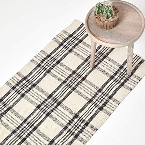 Image of HOMESCAPES Tartan Rug Handwoven White & Black 100% Wool Non Slip Rug, 'Logan' Check Hallway Runner, 66 x 200 cm