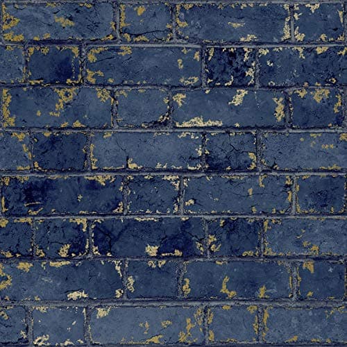 Image of Muriva 3D Effect Navy Blue Gold Metallic Brick Wallpaper Stone Industrial