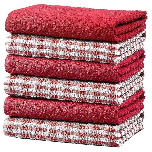 Image of Olivia Rocco 100% Cotton Ascot Check Terry Tea Towels for Kitchen Pack of 6 Super Absorbent Dish Cloth Towel for Drying & Cleaning Household Essentials, Red- 6 PK
