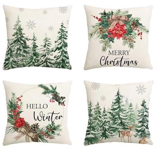 Image of Avezano Christmas Winter Cushion Covers 45 x 45 cm Pine Trees Reindeer Decorative Cushion Covers Winter Xmas Holiday Throw Pillow Case for Sofa Couch Bed Home Garden Patio Decor Set of 4