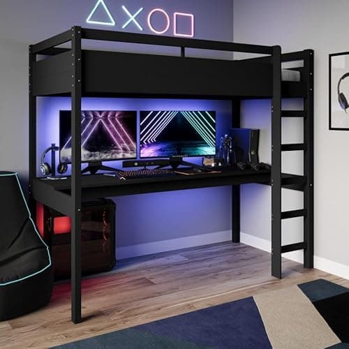 Image of Luvon Wyatt High Sleeper Gaming Bed with Desk – Loft Bed Frame for Kids & Teens, Solid Pine, Black or White (BLACK)