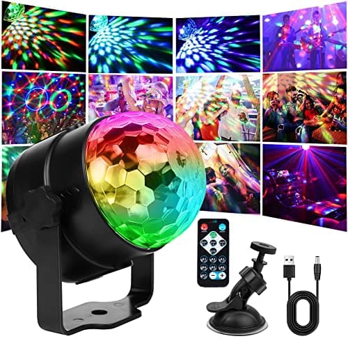 Image of URAQT Disco Light, USB Charged DJ LED Light for Parties, Sound Activated Party with Remote Control, Ball Lights, 7 RGB Colours 360°Rotating Car, KTV, Black