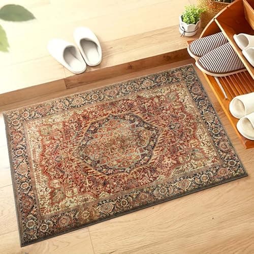 Image of Hafaa Machine Washable Bedside Small Rug 40x60 cm - Soft Short Pile Area Rugs For Bedroom Entrway Non Slip Floor Carpet Door Traditional Vintage Design Cashmere Mat For Kitchen Bathroom, Majestic