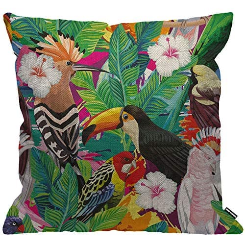Image of HGOD DESIGNS Parrot Cushion Cover,Tropical Bird Toucan Leaves and Hibiscus Flowers Throw Pillow Case Home Decorative for Men/Women Living Room Bedroom Sofa Chair 18X18 Inch Pillowcase 45X45cm