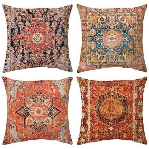 Image of Hykiee Cushion Covers Exotic Red 45x45cm Set of 4, Decorative Square Soft Throw Pillow Cases, Double-sides Printed Bohemian Cushion Protectors for Living Room Sofa Bedroom Outdoor Garden Furniture 18"