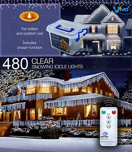 Image of VIVO© 480 White LED Christmas Icicle Lights with 8 Mode Chaser Function, Remote Control and Hard Plastic Carry Storage Box Indoor Outdoor Xmas Mains Powered with Memory Function - FNF1604