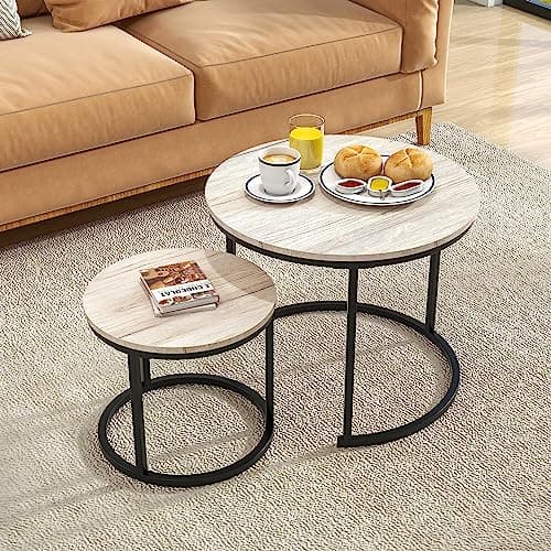 Image of HOJINLINERO Small Round Nesting Coffee Table Set of 2 with Metal Frame and Wood Top, Modern Stacking Side Table for Living Room, Bedroom, Office, Balcony, Oak