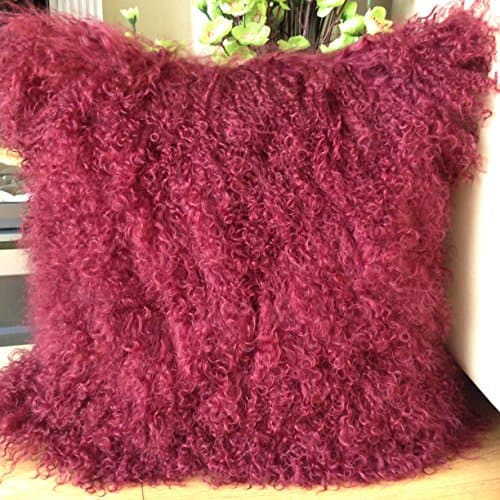 Image of Sobeautifur Mongolian Sheepskin Cushion Cover 40x40cm - Genuine Lamb Wool Fur Pillow - Burgundy