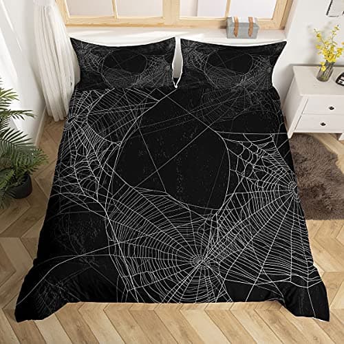 Image of Spider Web Bedding Duvet Cover Set Kids Halloween Spider Bedding Set Boys Girls Black White Comforter Cover Microfiber Trick or Treat Bedding & Linen Bedroom Single