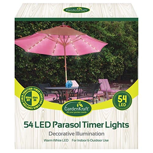Image of GardenKraft 17660 54 Warm White LED Parasol Lights / Auto Timer Functionality / Indoor or Outdoor String Lights / Battery Operated