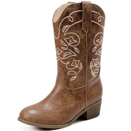 Image of LAURMOSA Girls Cowboy Boots for Kids Brown Cowboy Boots for Girls Cowgirl Boot Size 1 Western Cow Girl Mid Calf Embroidered Side Zipper for Big Kid Riding Party Birthday Country Dance (UKL1051Brown 1)