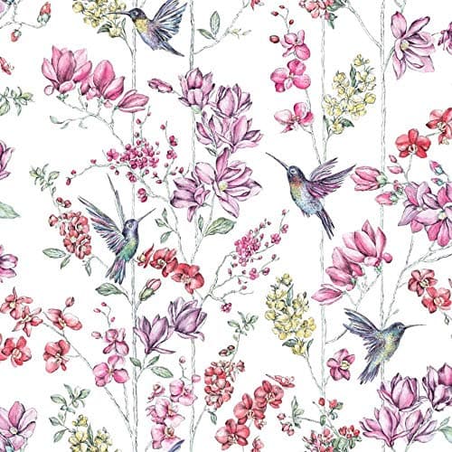 Image of Glitter Hummingbird Wallpaper Floral White Multi