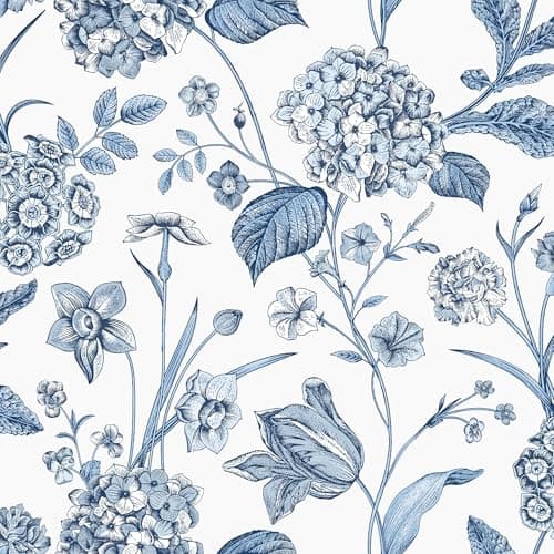 Image of SOPHIE LAURENCE Hydrangea Garden Flowers Blue, White Floral Wallpaper for Bedroom, Living Room Decor, Washable Wall Paper Paste, 10m Roll for Interior Design