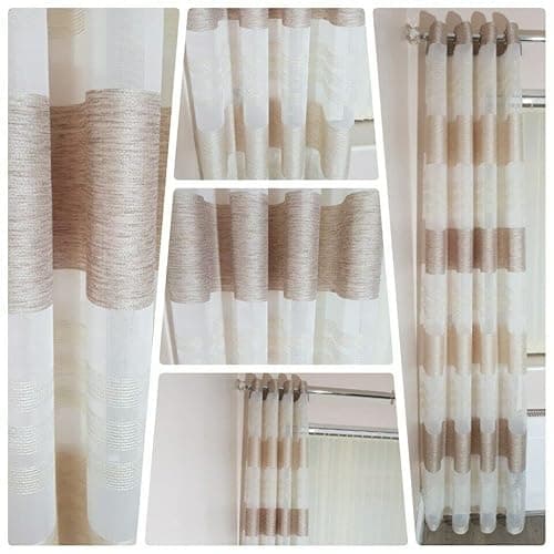 Image of Householdfurnishing Voile Curtain Panel Chenille Stripe Eyelet Ring Top Single Voile Panel Net Curtain (Beige, Width 55" x Length 72")
