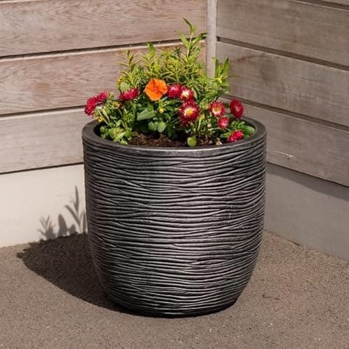 Image of Shop4allsorts Small Grey Round Planter Stone Effect Decorative Plastic Patio Plant Pot 35cm x 34cm