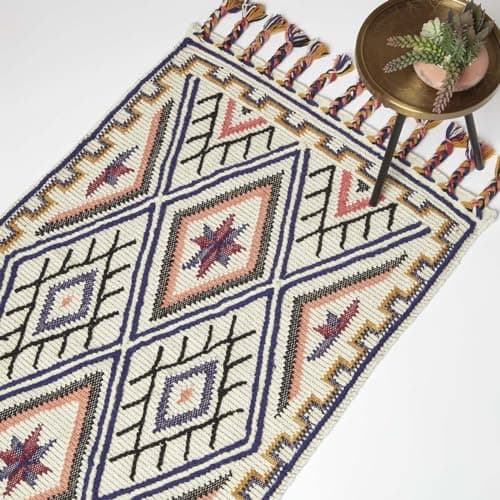 Image of HOMESCAPES Multi Colour Handwoven Kilim Rug 90 x 150 cm Wool & Cotton Living Room Area Rug ‘Goa’ with Geometric Tribal Pattern & Tassels